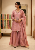 Dusty Rose Embroidered Kurta Sharara Set with Dupatta for Women