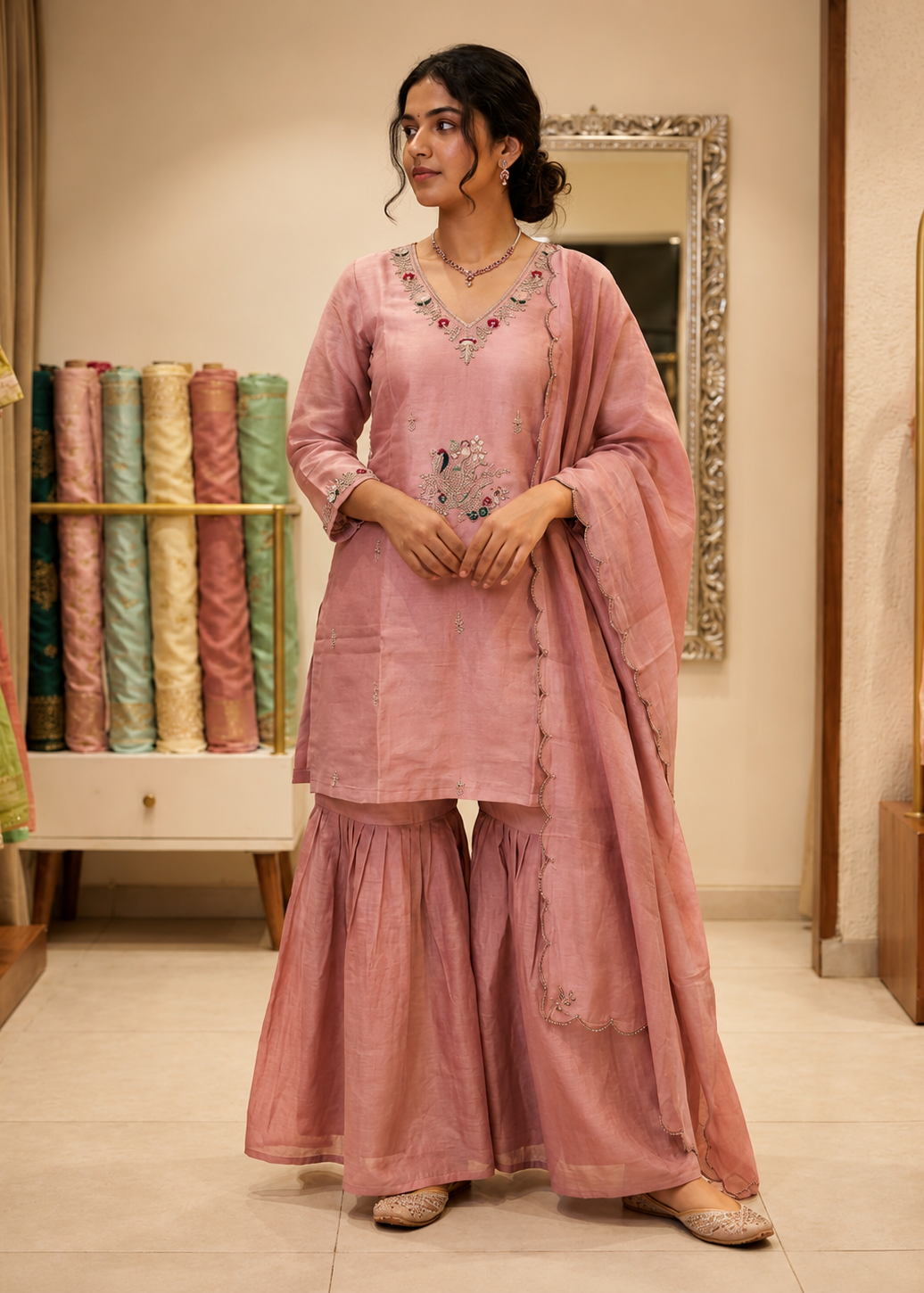 Dusty Rose Embroidered Kurta Sharara Set with Dupatta for Women