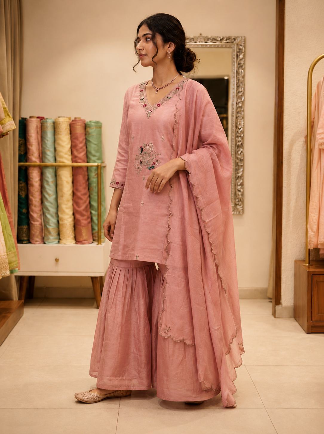 Dusty Rose Embroidered Kurta Sharara Set with Dupatta for Women