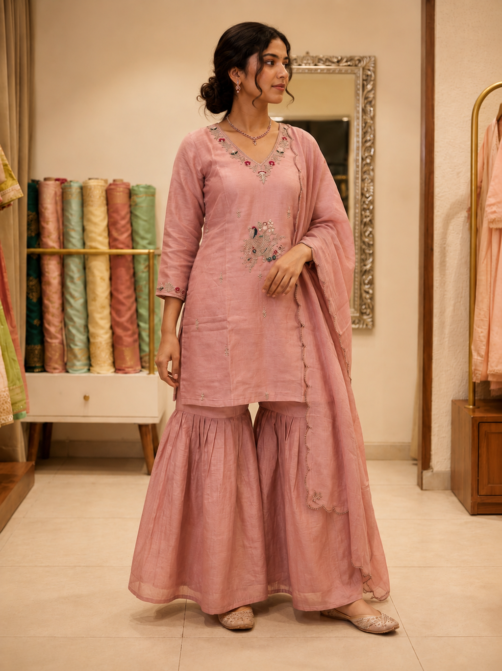 Dusty Rose Embroidered Kurta Sharara Set with Dupatta for Women