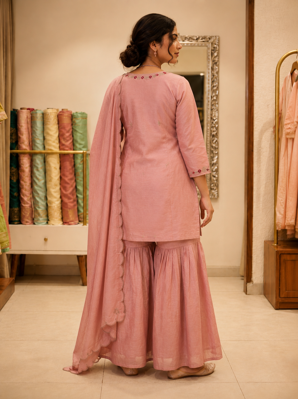 Dusty Rose Embroidered Kurta Sharara Set with Dupatta for Women