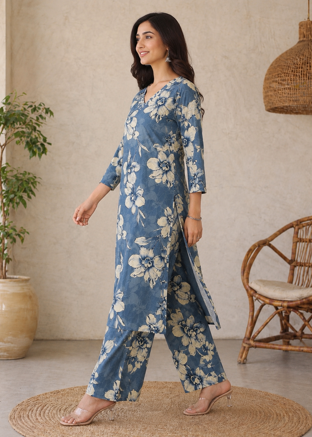 Blue Floral Printed Kurta Palazzo Set for Women