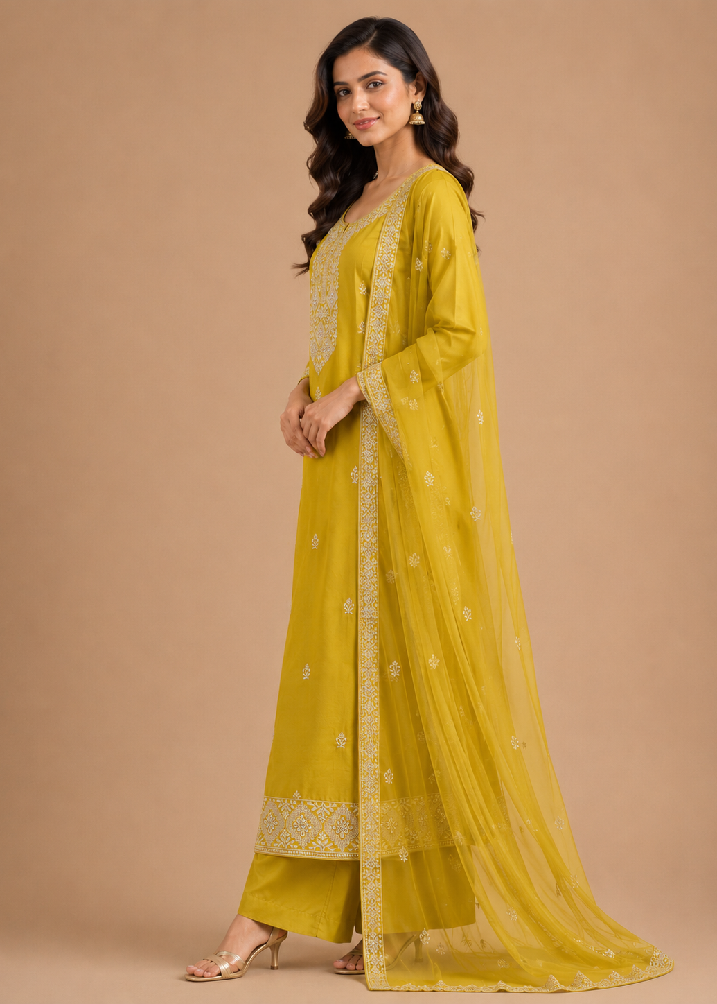Sunshine Yellow Embroidered Kurta Set with Net Dupatta