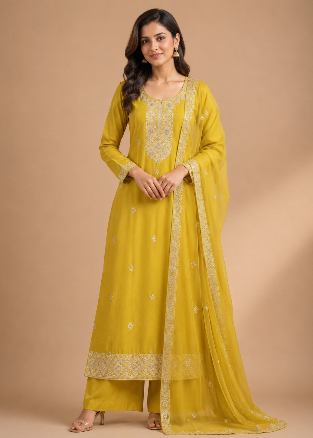 Sunshine Yellow Embroidered Kurta Set with Net Dupatta