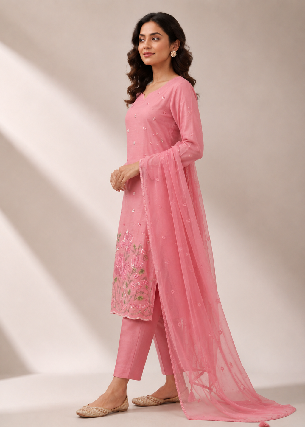 Blush Pink Mul Chanderi Embroidered Kurta Pant Set with Net Dupatta