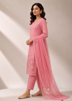 Blush Pink Mul Chanderi Embroidered Kurta Pant Set with Net Dupatta