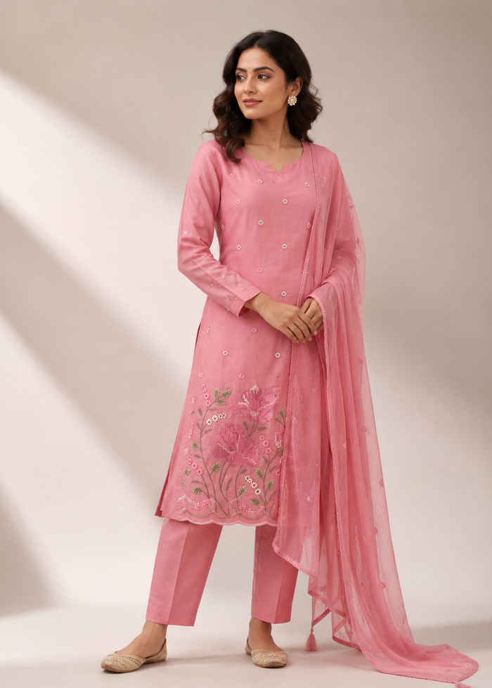 Blush Pink Mul Chanderi Embroidered Kurta Pant Set with Net Dupatta