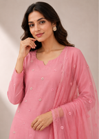 Blush Pink Mul Chanderi Embroidered Kurta Pant Set with Net Dupatta