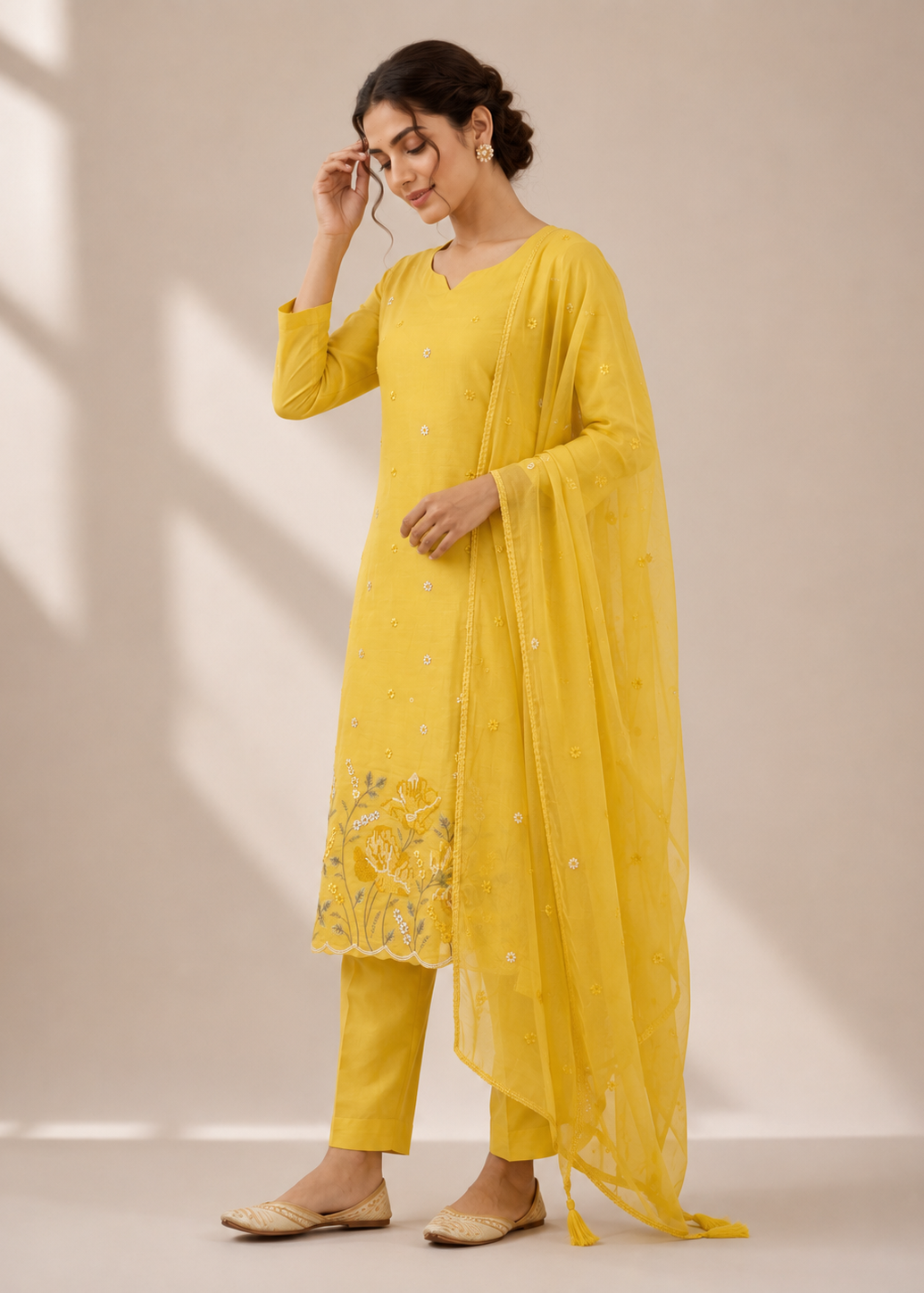 Designer Yellow Mul Chanderi Kurta Set with Embroidered Hemline