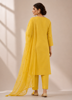 Designer Yellow Mul Chanderi Kurta Set with Embroidered Hemline