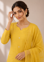 Designer Yellow Mul Chanderi Kurta Set with Embroidered Hemline