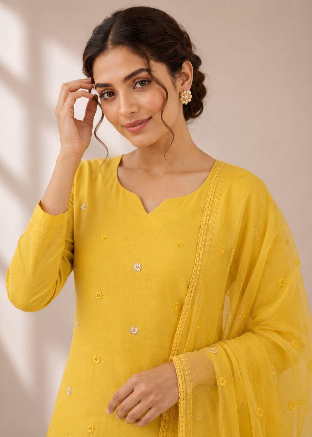 Designer Yellow Mul Chanderi Kurta Set with Embroidered Hemline
