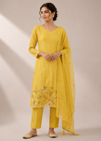 Designer Yellow Mul Chanderi Kurta Set with Embroidered Hemline