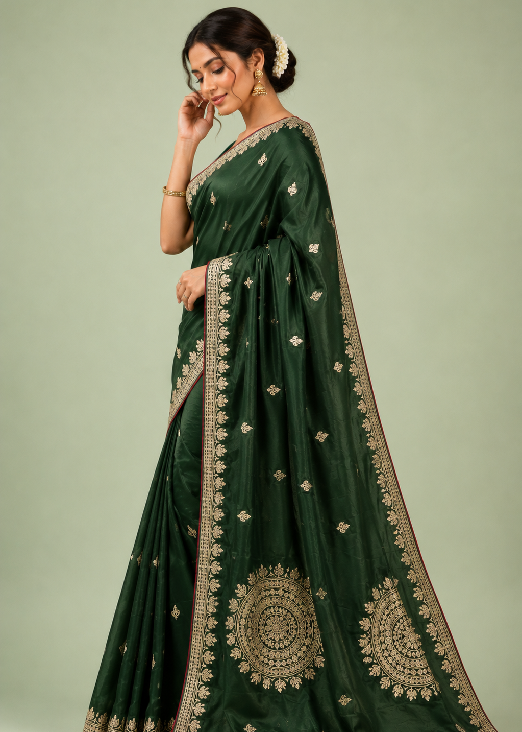 Emerald Green Viscose Silk Saree with Zari Buta Work & Floral Mandala Pallu
