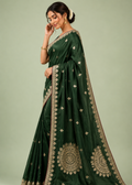 Emerald Green Viscose Silk Saree with Zari Buta Work & Floral Mandala Pallu