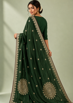 Emerald Green Viscose Silk Saree with Zari Buta Work & Floral Mandala Pallu