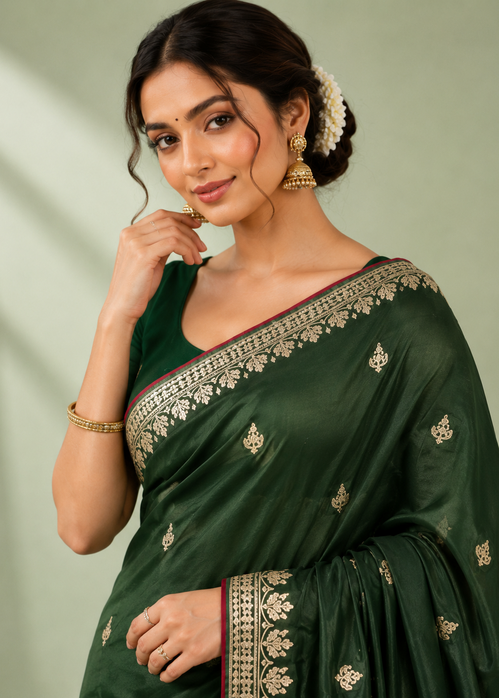 Emerald Green Viscose Silk Saree with Zari Buta Work & Floral Mandala Pallu