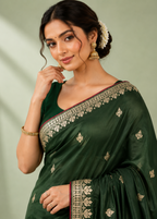 Emerald Green Viscose Silk Saree with Zari Buta Work & Floral Mandala Pallu