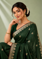 Emerald Green Viscose Silk Saree with Zari Buta Work & Floral Mandala Pallu