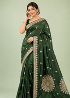 Emerald Green Viscose Silk Saree with Zari Buta Work & Floral Mandala Pallu