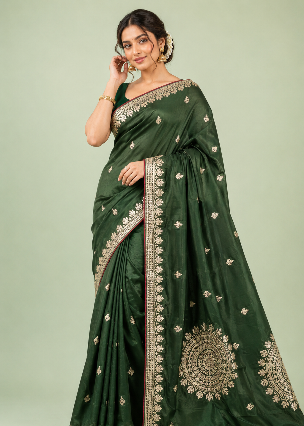 Emerald Green Viscose Silk Saree with Zari Buta Work & Floral Mandala Pallu