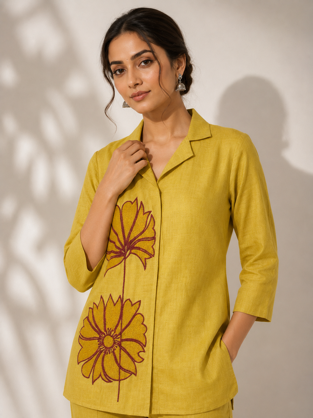 Mustard Yellow Vetican Co-Ord Set with Floral Embroidery