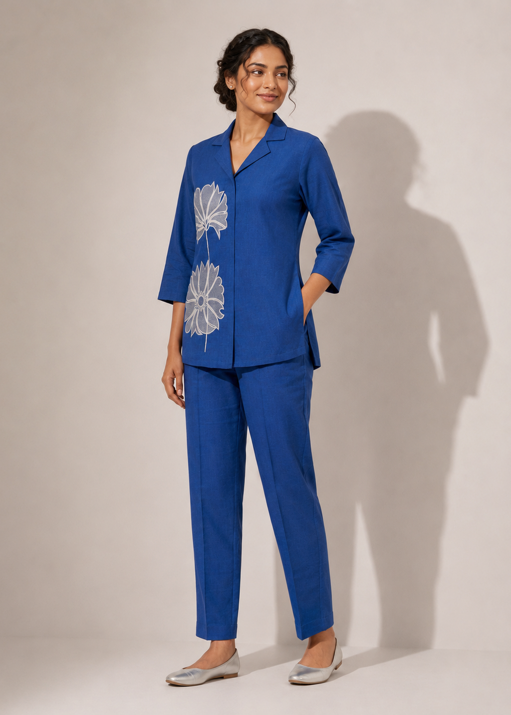 Royal Blue Floral Embroidered Vetican Co-Ord Set for Women