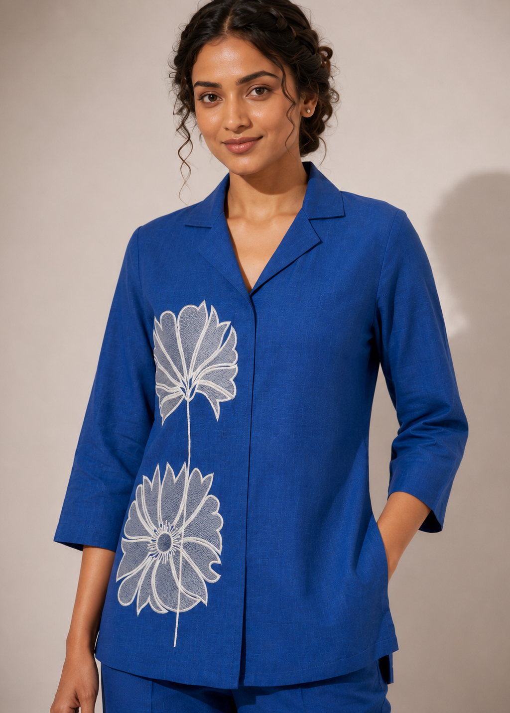 Royal Blue Floral Embroidered Vetican Co-Ord Set for Women
