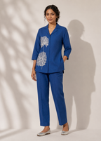 Royal Blue Floral Embroidered Vetican Co-Ord Set for Women