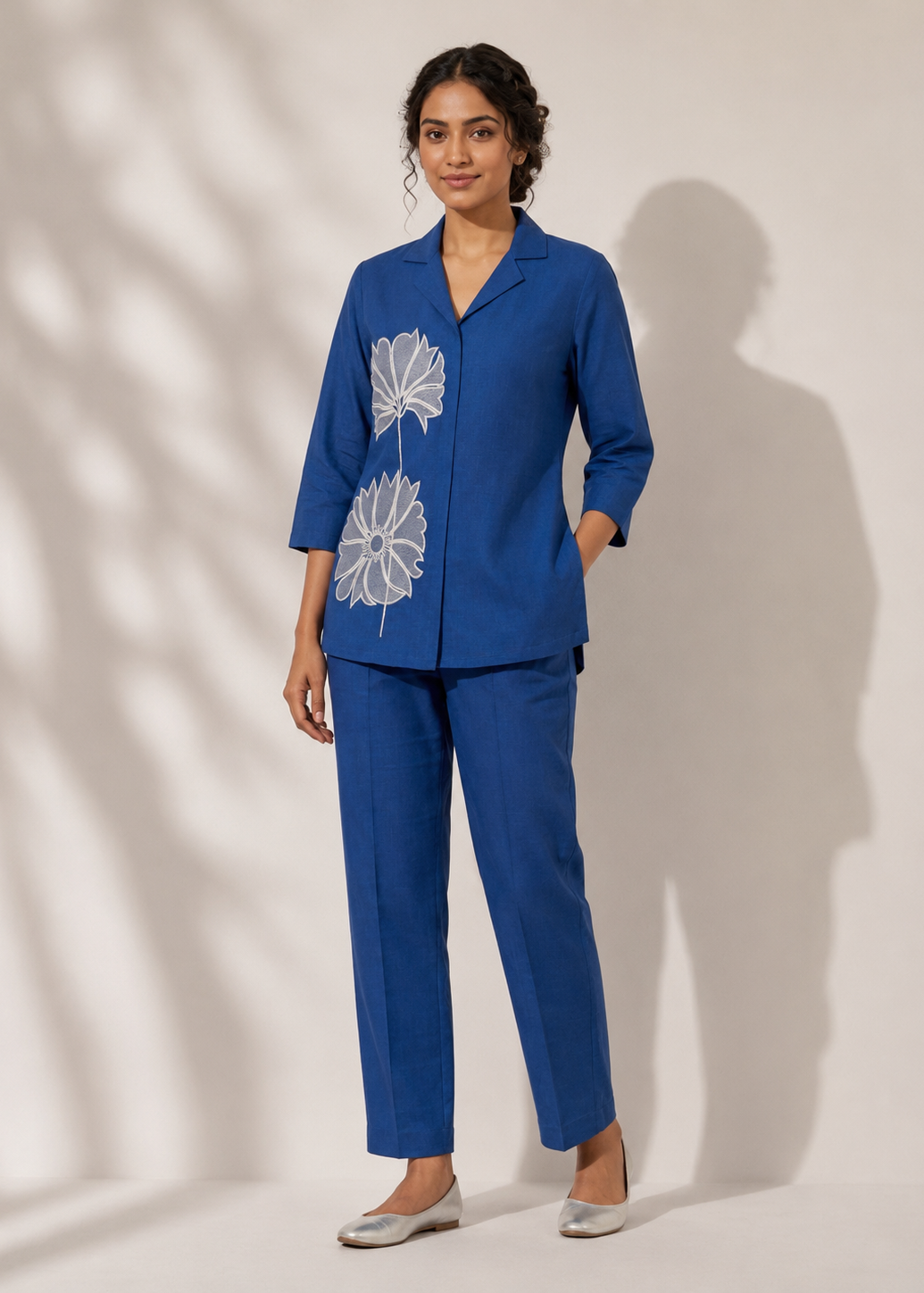 Royal Blue Floral Embroidered Vetican Co-Ord Set for Women