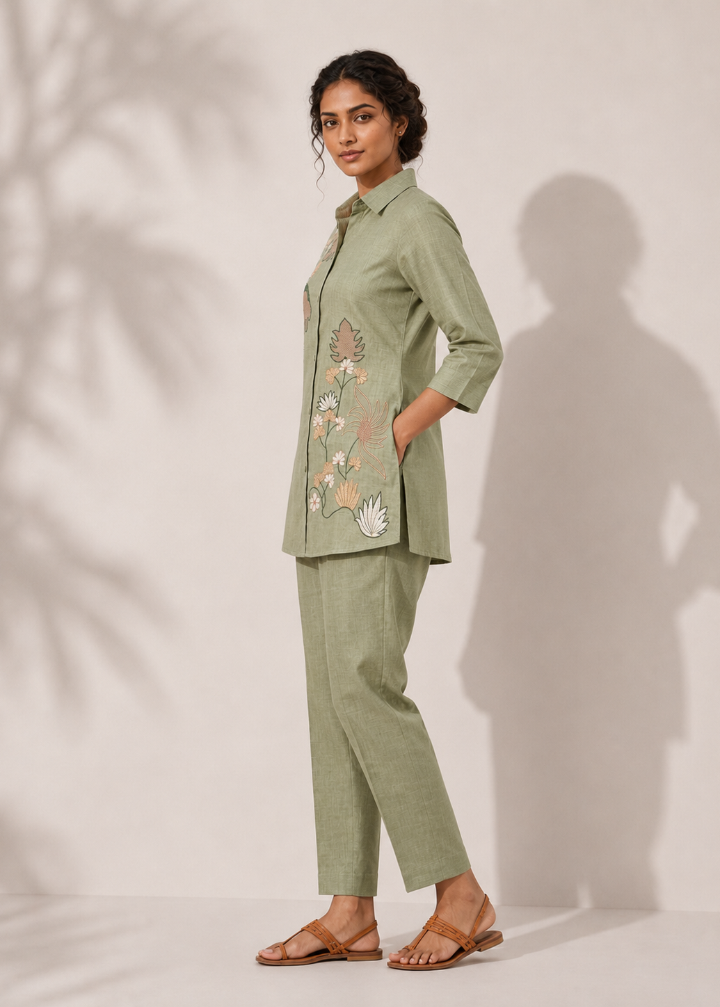 Sage Green Botanical Embroidered Vetican Co-Ord Set for Women