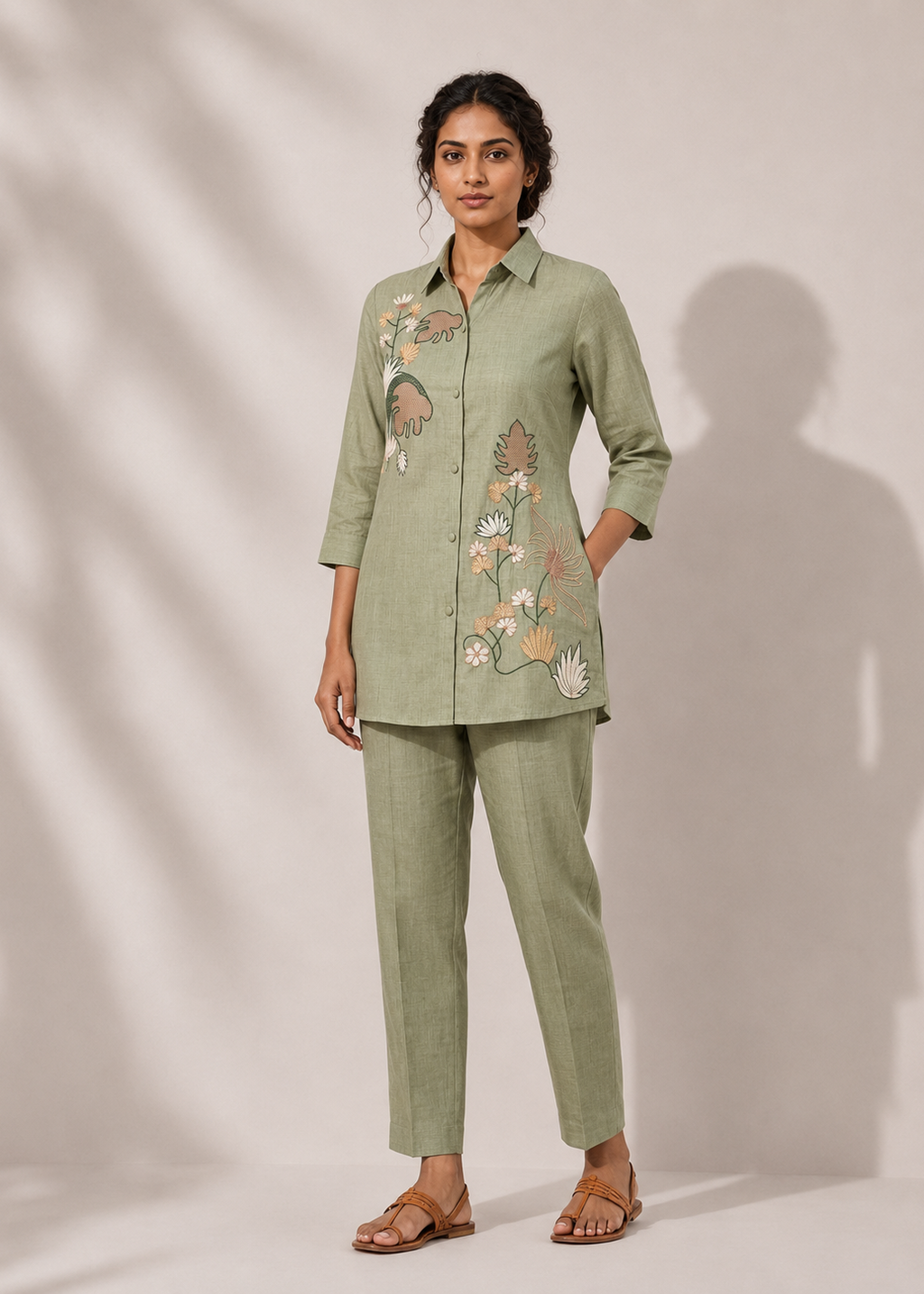 Sage Green Botanical Embroidered Vetican Co-Ord Set for Women