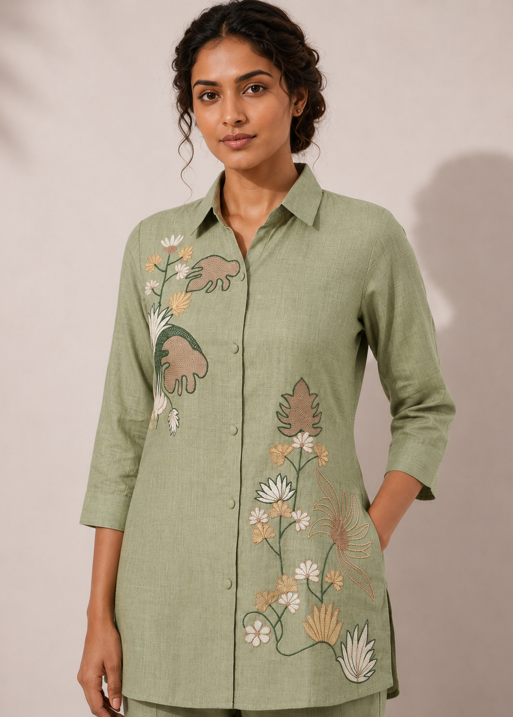 Sage Green Botanical Embroidered Vetican Co-Ord Set for Women