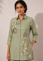 Sage Green Botanical Embroidered Vetican Co-Ord Set for Women