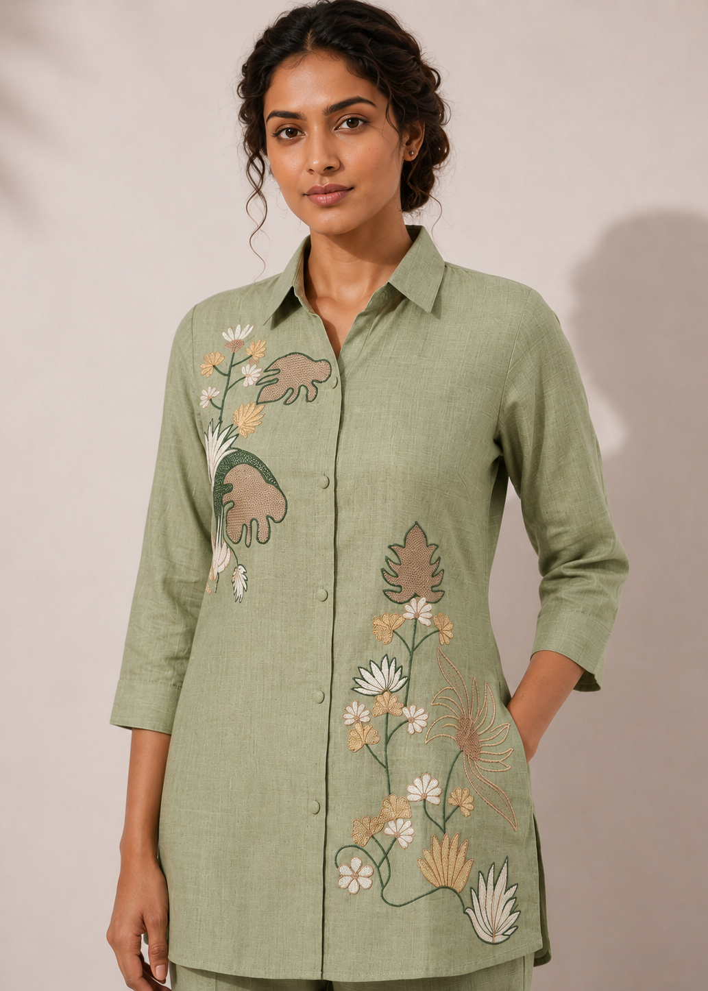 Sage Green Botanical Embroidered Vetican Co-Ord Set for Women
