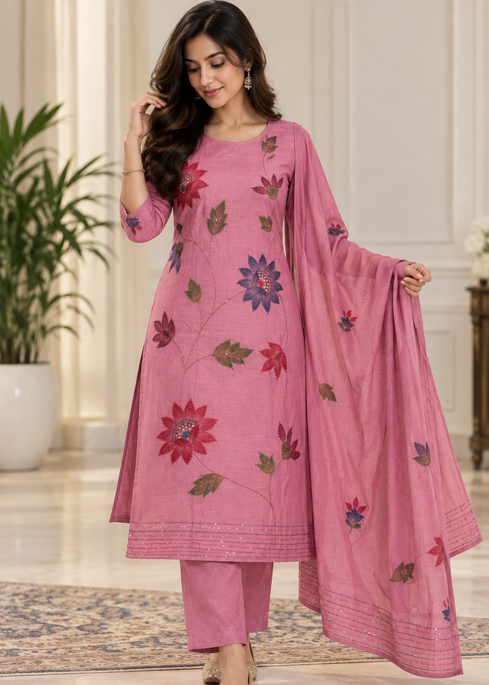 A woman models a pink ethnic salwar kameez suit set with floral embroidery, consisting of a long kurta, matching trousers, and a dupatta, set against an elegant indoor background.