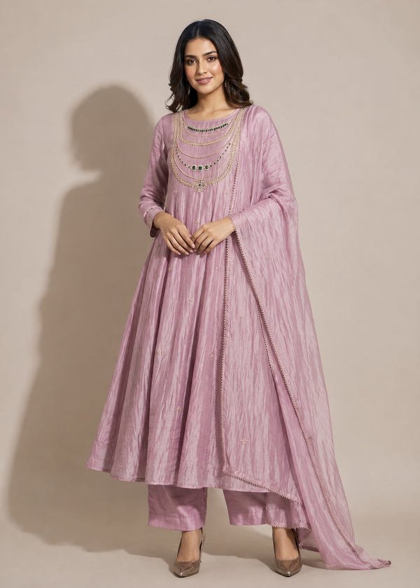 A woman modeling a traditional Indian outfit consisting of a dusty pink anarkali kurta with gold embroidery, matching trousers, and a sheer draped scarf, set against a solid beige studio background.