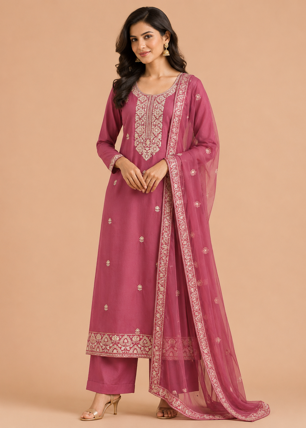 Rose Pink Embroidered Kurta Set with Organza Dupatta