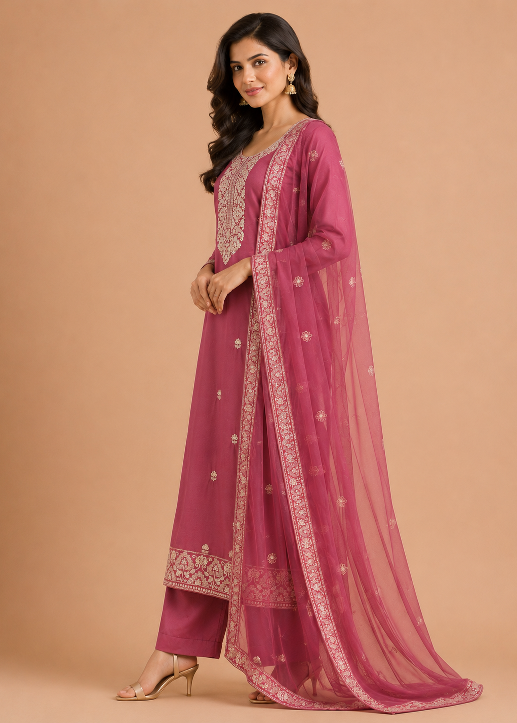 Rose Pink Embroidered Kurta Set with Organza Dupatta