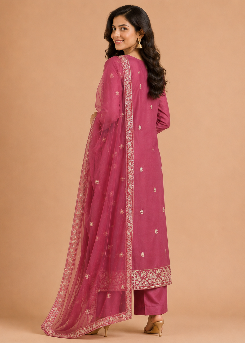 Rose Pink Embroidered Kurta Set with Organza Dupatta