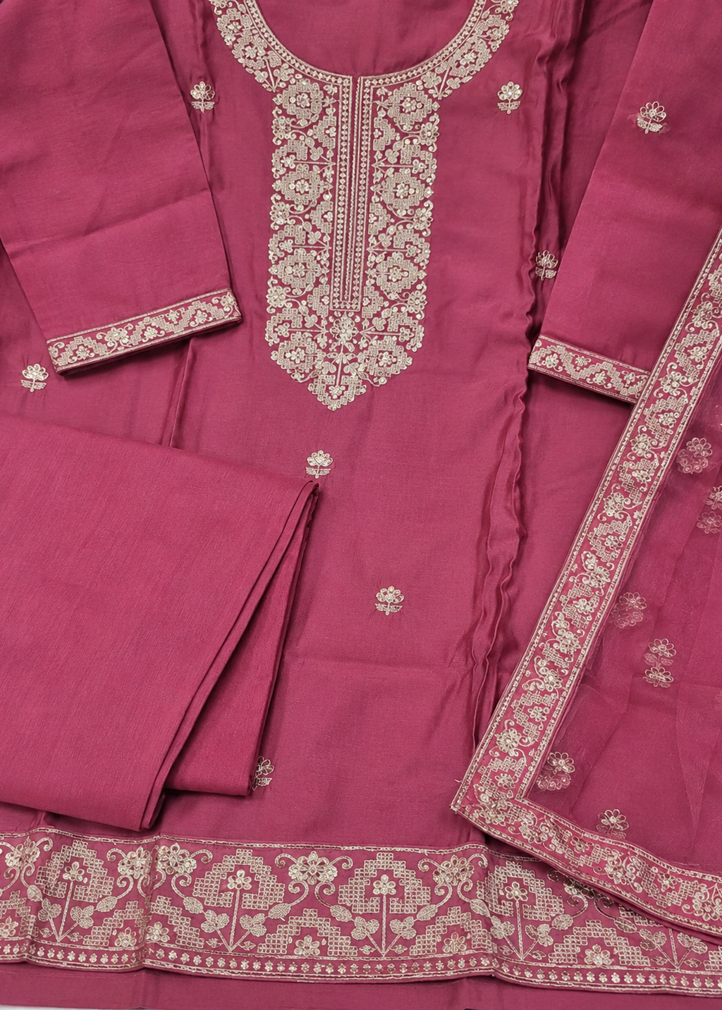 Rose Pink Embroidered Kurta Set with Organza Dupatta