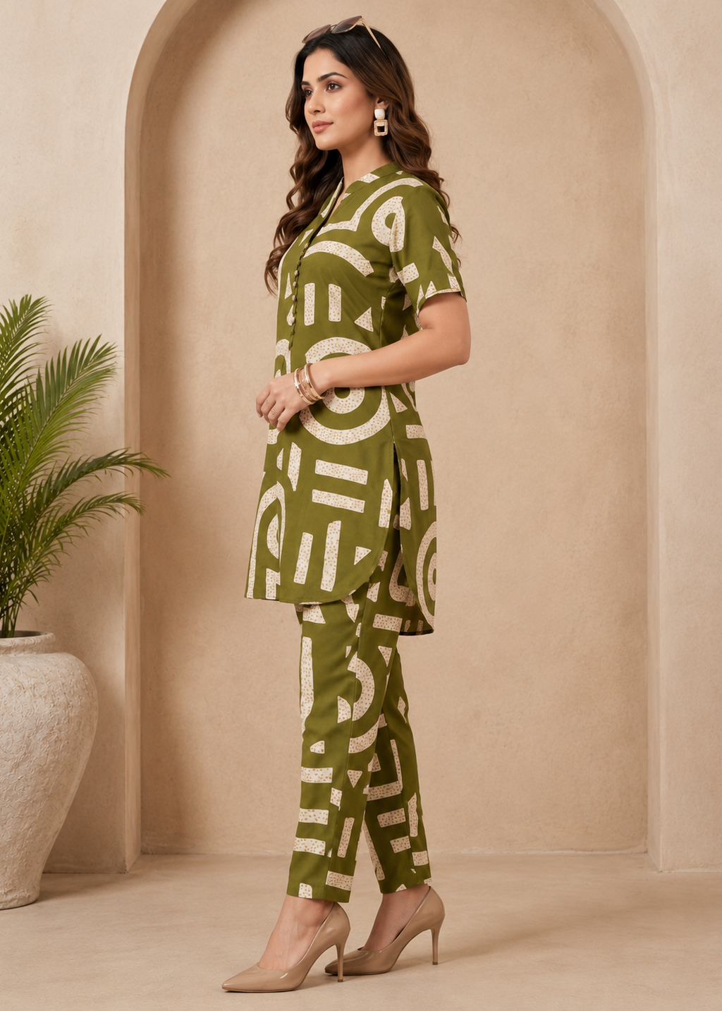 Olive Green Abstract Printed Rayon Co-Ord Set