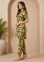 Olive Green Abstract Printed Rayon Co-Ord Set