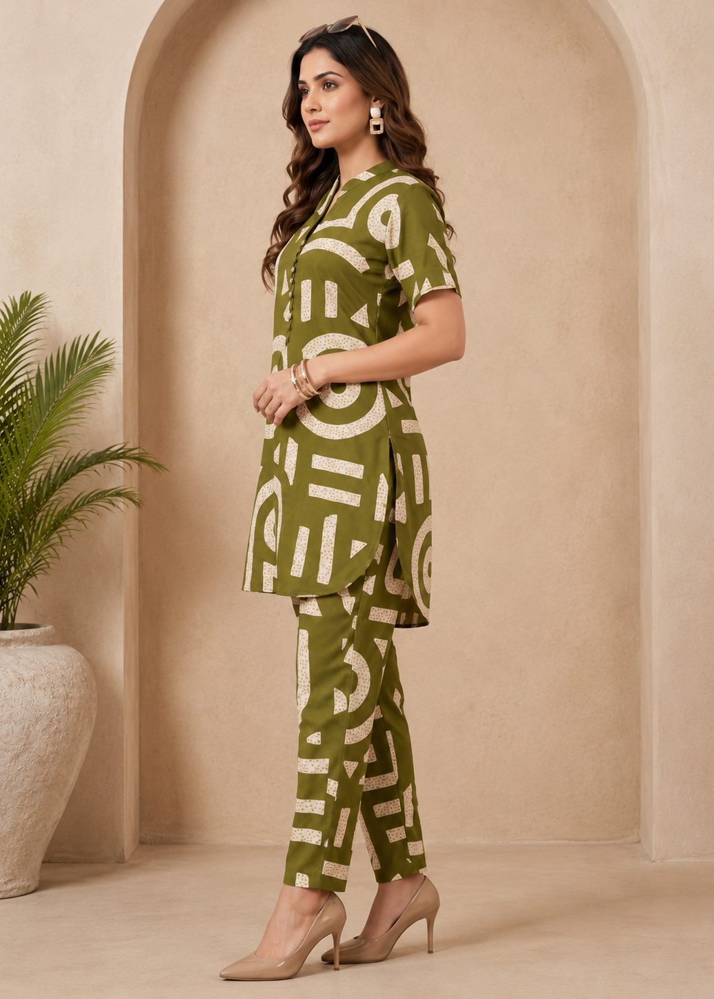 Olive Green Abstract Printed Rayon Co-Ord Set