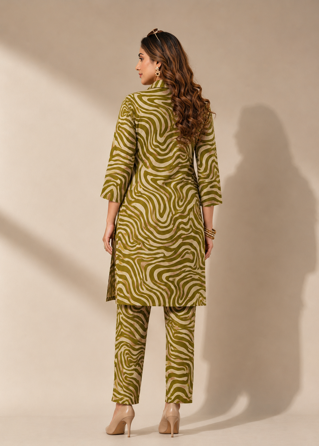 Verdant Orbit Olive Abstract Rayon Co-Ord Set