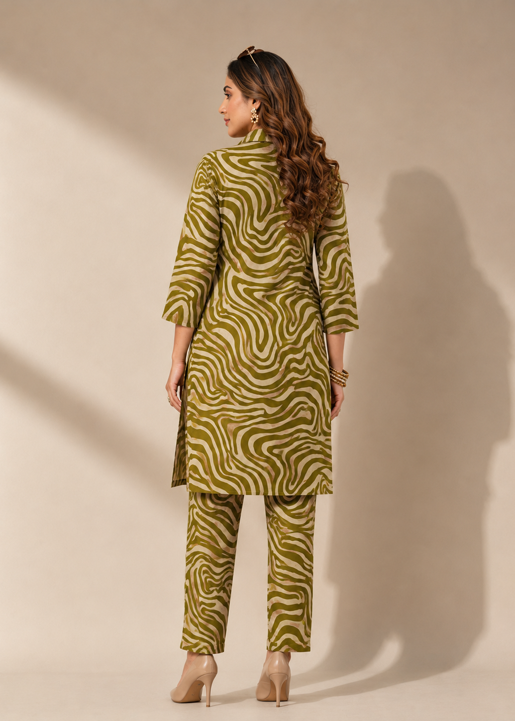 Verdant Orbit Olive Abstract Rayon Co-Ord Set