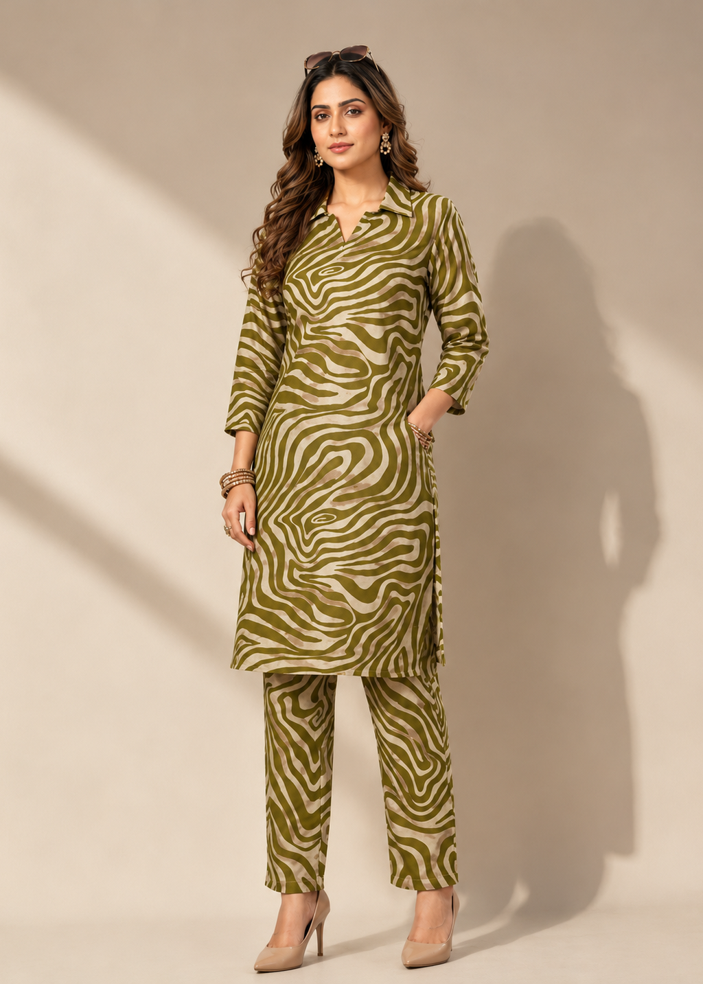 Verdant Orbit Olive Abstract Rayon Co-Ord Set