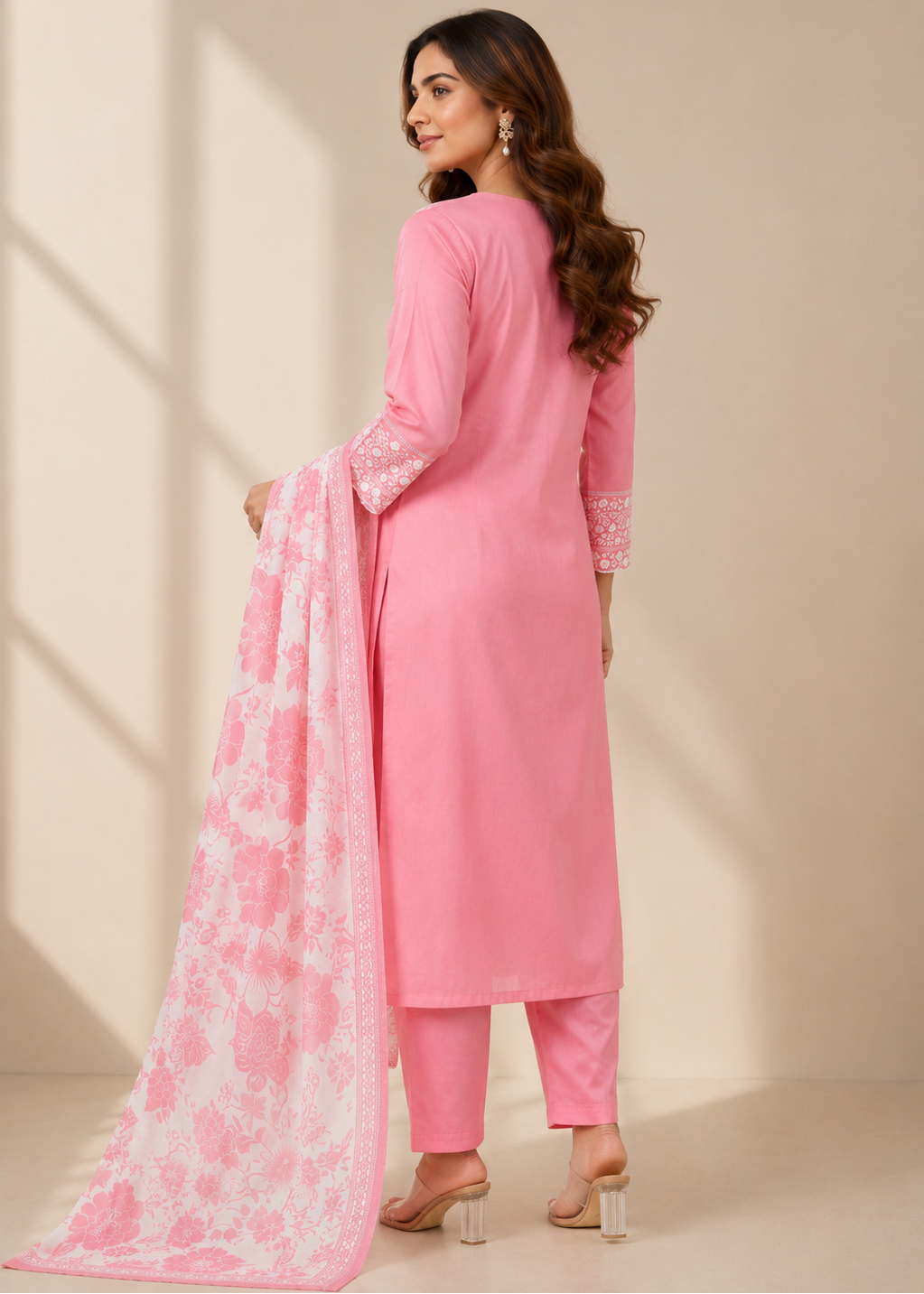 Pink Mul Chanderi Kurta Pant Set with Floral Printed Dupatta