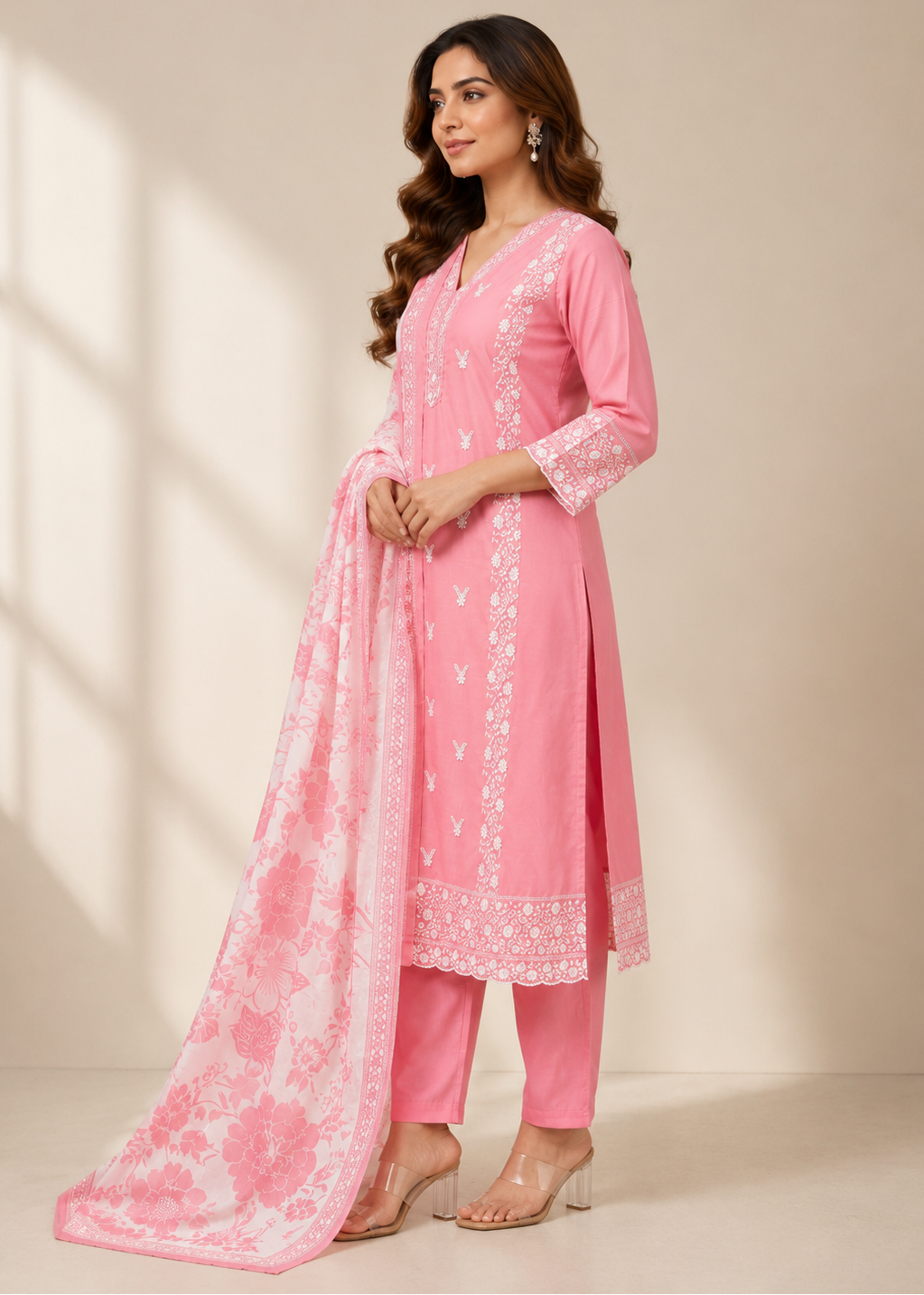 Pink Mul Chanderi Kurta Pant Set with Floral Printed Dupatta