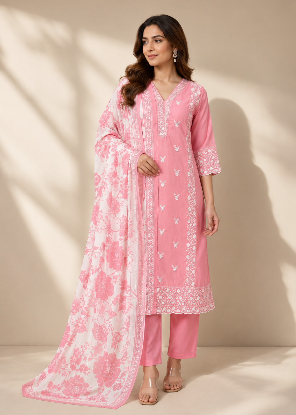 Pink Mul Chanderi Kurta Pant Set with Floral Printed Dupatta